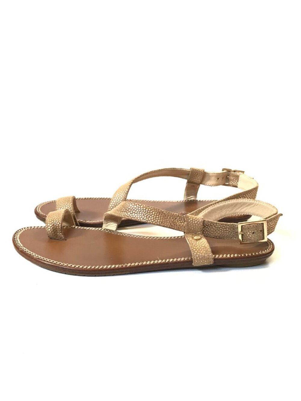 Jimmy Choo Neru Flat Sandals Womens 37 7 Brown Gold Leather Toe Loop Buckle Shoe - Picture 5 of 9